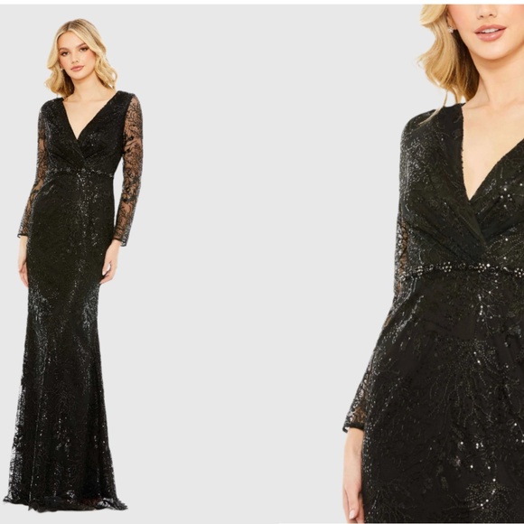 MAC DUGGAL 68016 EMBELLISHED WRAP OVER LONG SLEEVE BLACK GOWN sz 12 - Picture 5 of 5